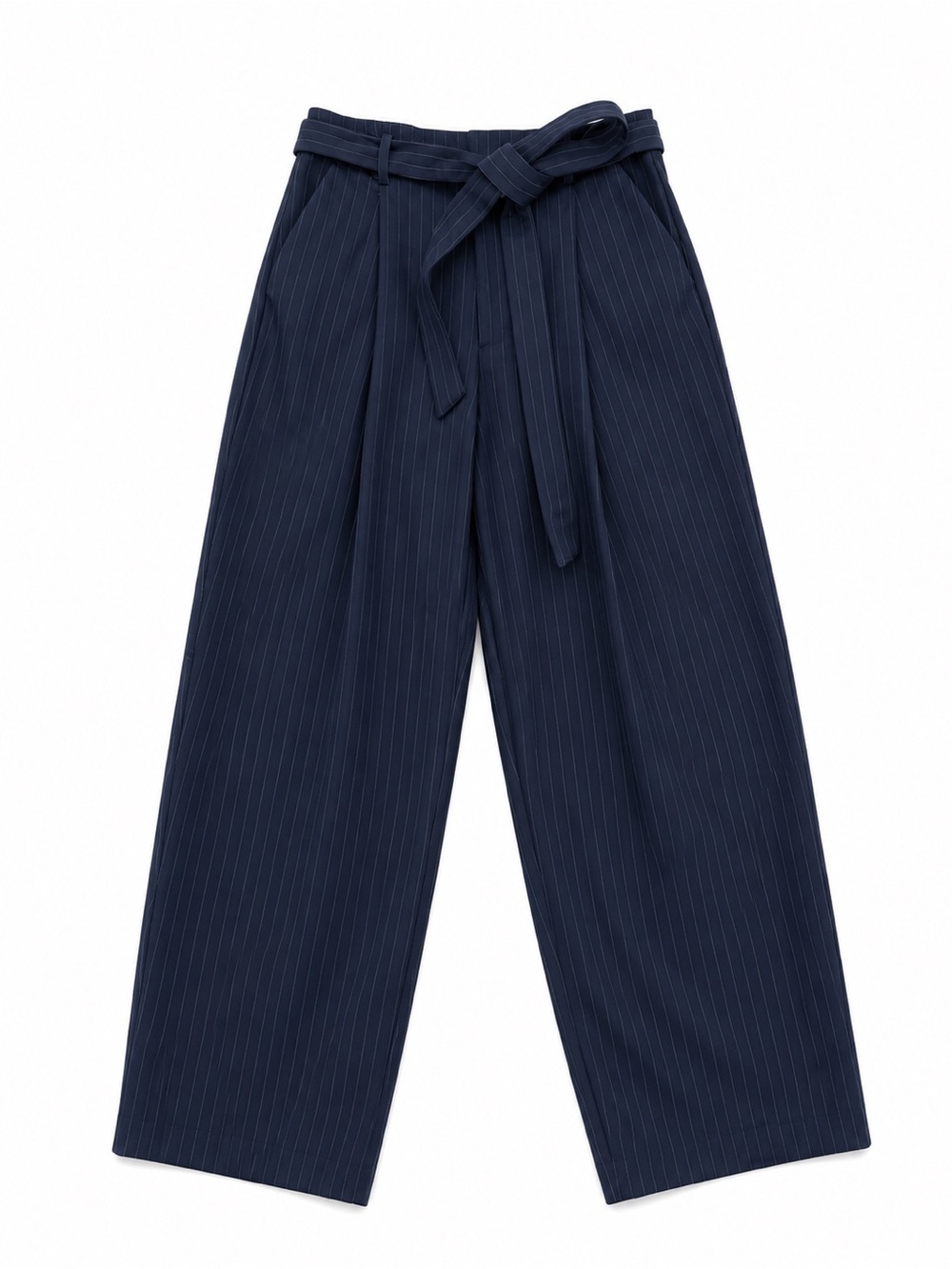 Zara XS Navy Pinstripe Wide Leg Tie Waist Pants High Rise - Picture 6 of 8